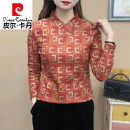 皮爾卡丹（pierre cardin）2024新款時(shí)尚半高領(lǐng)一體絨中老年女裝T恤打底小衫媽i媽洋氣秋冬厚 橘色V領(lǐng)(加絨) 2XL 建議110-120斤