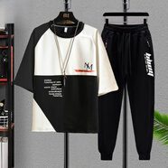 花花公子胖子男裝長(cháng)褲短袖t恤特大碼搭配時(shí)尚套裝衣服肥大碼兩件套 NM白色(上衣+字母褲) 6XL (210-225斤)