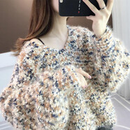愛(ài)圖榮新款2024秋冬V領(lǐng)套頭加厚粗線(xiàn)毛衣女慵懶風(fēng)女士韓版寬松上衣外穿 藍黃 XL 130-140斤