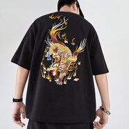 天龍致尊Denon supreme短袖刺繡t恤男女潮牌夏季中國風(fēng)麒麟貔貅純棉寬松潮流情侶裝國潮T恤衫 T5348黑色（寬松版） 3XL碼(建議210-230斤)