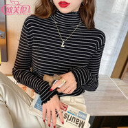 歐芙倫條紋針織衫女半高領(lǐng)洋氣秋冬加厚保暖內搭打底衫女毛衣套頭上衣 黑色 均碼