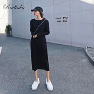 Radinka2024秋冬新款網(wǎng)紅韓版顯瘦中長(zhǎng)款毛衣裙女長(zhǎng)袖連衣裙百搭A(yù)字裙SYL 長(zhǎng)款黑色【110cm左右】 M 【95-105斤】