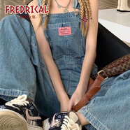 fredrical小個(gè)子牛仔背帶褲女秋季設計感小眾日系寬松奶系桔?？猁}系褲子女 藍色 S 建議80-100斤