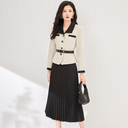 歐洲站2025秋冬新款女氣質(zhì)小香風(fēng)西裝外套中長(cháng)百褶裙洋氣兩件套裝 杏色 L