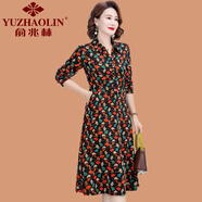 俞兆林（YUZHAOLIN）媽媽襯衫領(lǐng)連衣裙春秋裝時(shí)尚洋氣中老年女秋裝長(zhǎng)袖中長(zhǎng)款碎花裙子 紅色楓葉 XL (參考90-105斤)