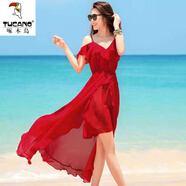 啄木鳥(niǎo)巴厘島紅色沙灘裙海邊度假仙女顯瘦白色吊帶連衣裙夏波西米亞長(cháng)裙 紅色 S
