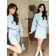 LXKP2024秋冬新款韓版月光舒曼慵懶毛衣長袖純色連衣裙套裝女   藍色套裝