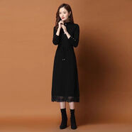 瑾衣媛2021秋冬新款加絨加厚系帶毛衣裙中長(cháng)款過(guò)膝顯瘦針織打底連衣裙 黑色 2XL 建議125-140斤