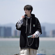 普戈斯230斤胖子男裝假兩件刺繡衛(wèi)衣男學(xué)生潮牌胖子寬松連帽衫街頭秋裝 A031 WY01黑色 5XL  210-230斤