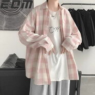 格子襯衫男港風(fēng)日系網(wǎng)紅情侶裝上衣韓版潮流帥氣寬松長袖襯衣 粉紅色 XL