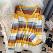 蜜莎蜜拉（Mirza Mirror）大碼女2024早秋新款條紋v領(lǐng)針織衫長(cháng)袖開(kāi)衫胖mm遮肉顯瘦毛衣上衣 黃色 常規 1xl(建議120-140斤)