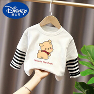 迪士尼（Disney）兒童長(zhǎng)袖T恤春秋寶寶秋衣單件上衣外穿新款卡通男童小熊體恤 H17黃小熊假兩件白色【磨毛款】 100 cm