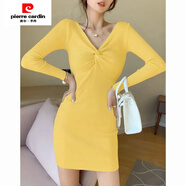 皮爾卡丹（pierre cardin）配大衣打底裙女春秋季2024新款性感v領(lǐng)針織連衣裙修身包臀毛衣裙 姜黃色 XL 建議【120-135斤】