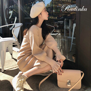 Radinka2024秋冬新款韓版修身高領(lǐng)針織連衣裙女中長(zhǎng)款小香風(fēng)A字毛衣裙 杏色 M