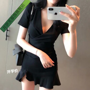 邦伊芙連衣裙女夏性感2023夏短袖連衣裙女裝性感V領(lǐng)包臀開叉200斤修身顯 黑色 4XL 【建議155-170斤內(nèi)可穿】