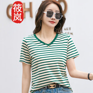 筱嵐條紋正肩短袖t恤女2023夏新款雞心領(lǐng)顯瘦洋氣小衫休閑v領(lǐng)上衣寬松 綠色 S(80-100斤)