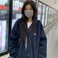 鏡莎外套秋冬款女新款連帽衛(wèi)衣女秋冬寬松開(kāi)衫外套韓版學(xué)生衣服士潮裝 藏青色 均碼