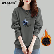 WABAOLI高端品牌 純棉圓領印花套頭長袖衛(wèi)衣女秋冬季款大碼韓版寬松顯瘦 煙灰色加絨冬款 2XL 建議體重130-145斤
