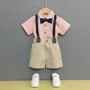 GOKU男童禮服套裝夏季兒童背帶褲花童小西裝英倫風(fēng)幼兒園畢業(yè)服演出服 粉紅色 100 （建議體重25-30斤）