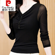 皮爾卡丹（pierre cardin）V領(lǐng)純色打底衫女內(nèi)搭2025秋新款時(shí)尚洋氣小衫黑色網(wǎng)紗長(zhǎng)袖T恤上衣 黑色秋款 2XL 120-130斤