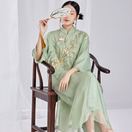 陌遇2025中式原創(chuàng  )氣質(zhì)繡花真絲歐根紗大碼旗袍茶藝連衣裙品牌女裝 綠色 L