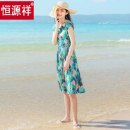 恒源祥高端棉綢連衣裙年輕外穿女夏裝時(shí)尚人造棉碎花泰國海邊度假沙灘裙 綠色菱形 L