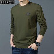 JEEP SPIRIT吉普休閑圓領(lǐng)薄長袖t恤男寬松春秋莫代爾彈力棉質(zhì)柔軟體恤打底衫 軍綠 M (170/92A) 建議120-130斤