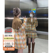 秋水月色伊人西裝外套女短款2024春秋新款冬英倫風加厚設計感拼接格紋毛呢大衣 外套夾棉款 S