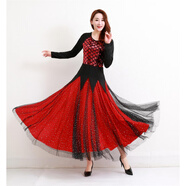 秀絲路摩登舞比賽表演裙交誼舞大擺連衣裙國標新款華爾茲舞蹈表演演出服 黑長(cháng)袖紅亮片紅內里連衣裙 M