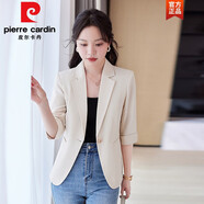 皮爾卡丹酒紅色西裝外套女2025夏季新款休閑上衣小個子高端女士短款小西服 七分袖杏色西裝 5926 3XL 128-137斤