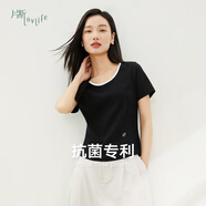 片斷（dribs＆drabs）片斷T恤女夏季新款撞色修身彈力刺繡設(shè)計小眾正肩t恤上衣 黑色 S 155/80A