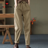AEMAPE休閑褲女2025春秋冬季新款加厚褲子女裝松緊腰加絨哈倫褲 卡其不加絨 L