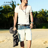 凡迪時(shí)尚夏季男士修身短袖深V低胸大領(lǐng)口短袖男短款大領(lǐng)休閑薄款寬領(lǐng)T恤男 米白色 S