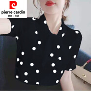 皮爾卡丹長(zhǎng)袖T恤襯衫女?huà)寢尨呵镅b超仙法式小眾洋氣寬松檔次遮肚女上衣女 黑色 【圓點(diǎn)】 5XL [建議165-185斤]