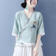 朦朧杏 民國風(fēng)女裝復(fù)古盤扣套裝中國風(fēng)民族風(fēng)中式漢服成人女刺繡v領(lǐng)棉麻 青綠（套裝） L 建議105-120斤