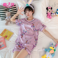 仙之儀睡衣女夏季短袖短褲卡通可愛仿真絲休閑韓版冰絲家居服兩件套裝 1525V領(lǐng)星黛露-紫色 XL
