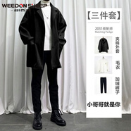 威登羊港風(fēng)三件套秋冬季中長(zhǎng)款?yuàn)A克外套加絨休閑套裝男潮流衣服褲子男裝 黑外套+白毛衣+黑絨西褲【三件套 XL
