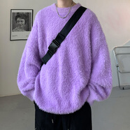 OEMG 美式慵懶風潮牌毛衣外套男女秋冬季圓領(lǐng)日系復古情侶百搭針織衫 淺紫色 M [建議90-110斤]