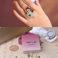 煙雨江南戒指岫玉花朵復(fù)古裝飾品開(kāi)口食指可調(diào)節(jié)寬面設(shè)計(jì)個(gè)性潮人女 圖片款+漸變紅小方禮盒 均碼(開(kāi)口)