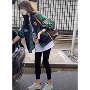 MODX香港女裝歐貨復古拼接夾克棒球服春秋2024新款小個(gè)子工裝女士短款 綠色外套+長(cháng)袖T恤(兩件套) S 【建議80-100斤】