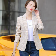 熙敘晨春秋款小西裝西服小香風(fēng)格子短外套女春裝上衣女裝2023新款潮洋氣 卡其色 時尚摩登 XL 建議體重100斤-115斤