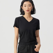HAAPES專(zhuān)柜女裝短袖T恤女2025夏季新款修身V領(lǐng)收腰短款純色上衣 黑色 (5碼)XL