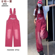 絲瀟美式復(fù)古漸變牛仔背帶褲女秋夏ins新款學(xué)生寬松百搭闊腿連體褲潮 粉紅色 高質(zhì)量 L