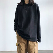 艾羅帝朗 時(shí)尚韓版純棉長(cháng)袖t恤女寬松圓領(lǐng)上衣春秋季上新學(xué)生長(cháng)袖打底衫時(shí) 純黑長(cháng)袖 M 95-105斤