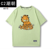 C2潮朝加菲貓圓領(lǐng)T恤短袖男女情侶裝夏季新款時(shí)尚寬松卡通印花純棉半袖 綠色4 XS 100斤以內(nèi)
