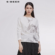 sdeer圣迪奧春季女裝時(shí)尚百搭經(jīng)典短袖直筒型不規則簡(jiǎn)約印花圓領(lǐng)亞麻T(mén)恤女S20180210 白色 M/165