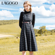 LAGOGO英倫風(fēng)復古格子連衣裙女拉谷谷秋冬新款疊穿收腰顯瘦背帶裙 混色(Y0) S 155/36