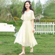 方糖姑娘少女雪紡連衣裙長款過膝初中學(xué)生夏裝高中女生清純森系長裙子仙氣 22267LX淡黃色 S