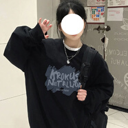 嬌茹妮 美式復古加絨無(wú)帽圓領(lǐng)衛衣女寬松oversiz情侶裝印花學(xué)生上衣外套 黑色薄款 S