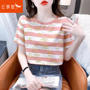 紅蜻蜓2025年純棉短袖t恤女年夏季新款條紋短袖體恤衫寬松上衣女短袖 粉色短袖 L